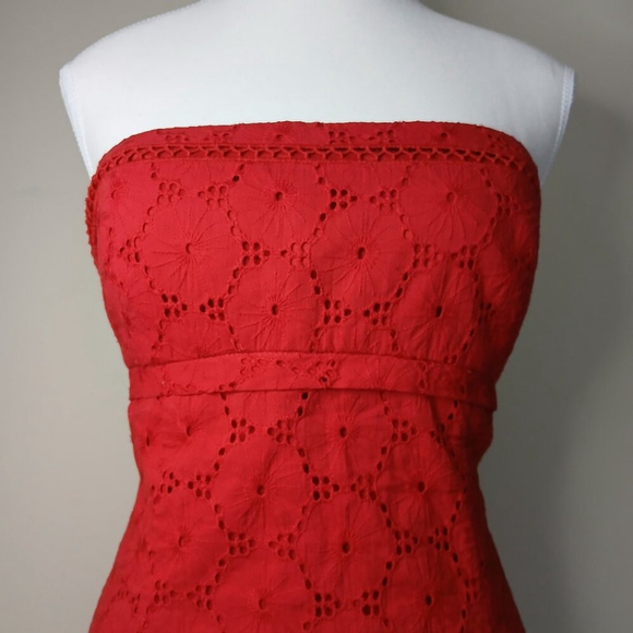 Donna Morgan Strapless Eyelet Fit and Flare Cotton Midi Dress Red Size 10 - Picture 2 of 9